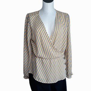 ALMOST FAMOUS • XL • women's top geometric cubes surplice peplum business casual